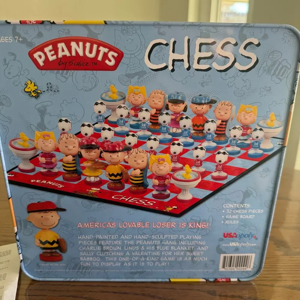 Peanuts Gang Chess Set Charlie Brown blue Tin Edition 32 Pieces Complete